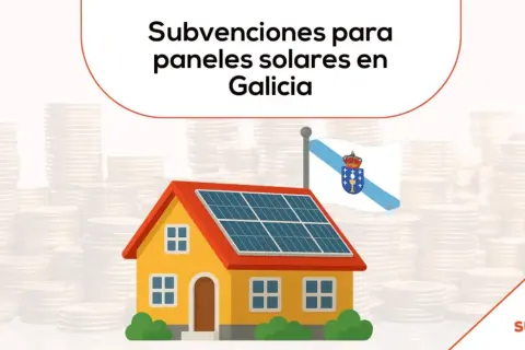 Casa con paneles solares y bandera de Galicia. Montones de monedas sugieren subvenciones para placas solares en Galicia.