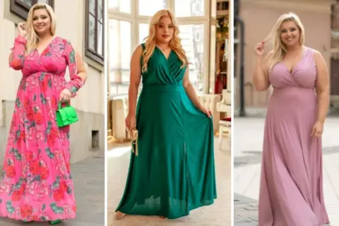 Trzy kobiety plus size w długich sukniach: kwiecista, zielona i pudrowy róż.