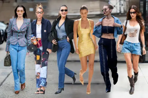 Bella Hadid luce varios atuendos, desde un traje a rayas hasta shorts vaqueros y botas.