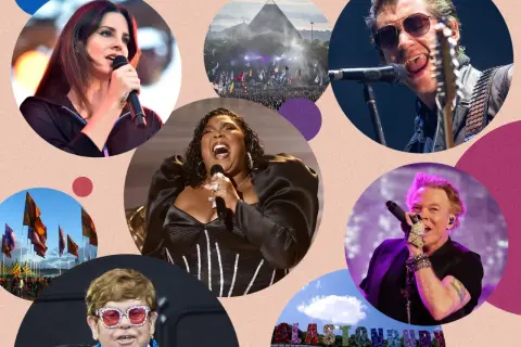 A collage of Glastonbury headliners: Lana Del Rey, Lizzo, Alex Turner, Axl Rose, and Elton John, with a view of the Pyramid Stage and the festival sign.