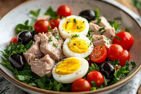 En härlig sallad nicoise med tonfisk, ägg, tomater och svarta oliver på en bädd av gröna blad.