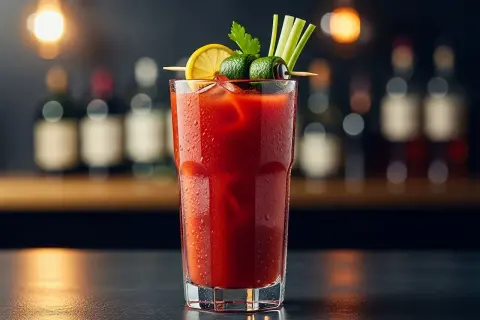 En glas blodig mary med is, garnerad med citron, gurka och selleri. Perfekt för en brunch.