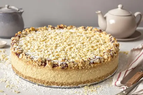 Käsekuchen mit Streuseln und Nüssen, inspiriert von Landfrauen Kuchen Rezepten. Puderzucker bestäubt die Krümel und den Rand.