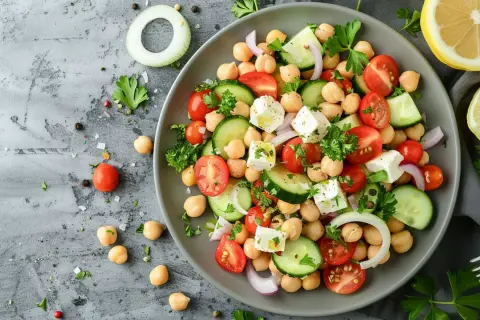 Ensalada de garbanzos de bote con tomate, pepino, queso feta y cebolla morada. Fresca y colorida, perfecta para un día caluroso.