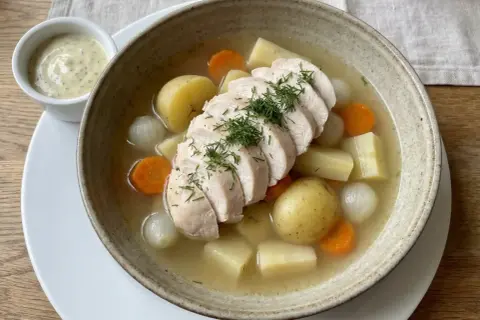 Varm kycklingsoppa med potatis, morötter och lök. En klick krämig sås står bredvid. Perfekt innertemp kycklingfile för en mysig middag.