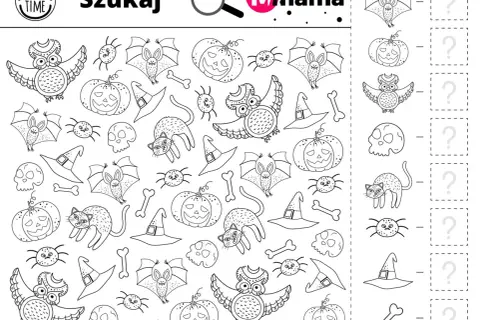 Zabawne zagadki na Halloween: znajdź nietoperze, dynie, sowy, pająki, koty, czapki czarownic i kości.