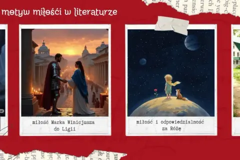 Motywy miłości w sztuce: mroczna królowa, rycerz i dama, Mały Książę z Różą, dziewczyna z książką.