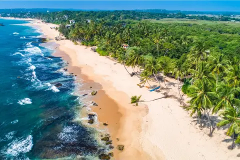 Rajska plaża na Sri Lance, z palmami i turkusową wodą. Zastanawiasz się, ile trwa lot?