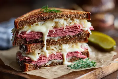 En saftig reuben sandwich med smält ost, krispig surkål och dill. En klassiker som smakar himmelskt.