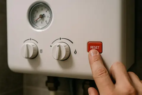 Palec naciska przycisk RESET na piecu gazowym dwufunkcyjnym, który sam się włącza.
