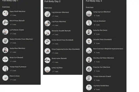 Trainingsplan 3 mal die Woche: Tag 1 mit Kniebeugen, Bankdrücken, Latzug. Tag 2 mit Beinpresse, rumänischem Kreuzheben. Tag 3 mit Beinbeuger, Klimmzügen.