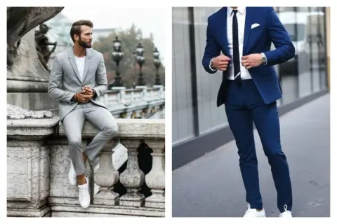 Homme en costume gris décontracté, et homme en costume bleu élégant. Un style vestimentaire qui ne manque pas de panache, comme un basket costume.