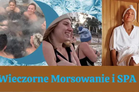 Grupa ludzi cieszy się gorącą kąpielą i sauną, a potem morsowanie na mrozie.