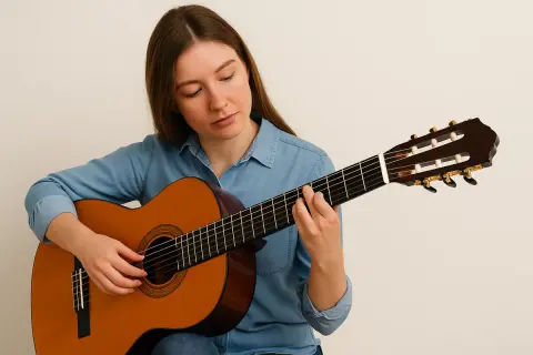 Młoda kobieta uczy się grać na gitarze. To idealna gitara dla początkujących, z którą można zacząć swoją muzyczną podróż.