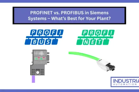 Porównanie PROFINET i PROFIBUS w systemach Siemens. Widoczne logo PROFIBUS z modułem, obok PROFINET z kablem Ethernet.