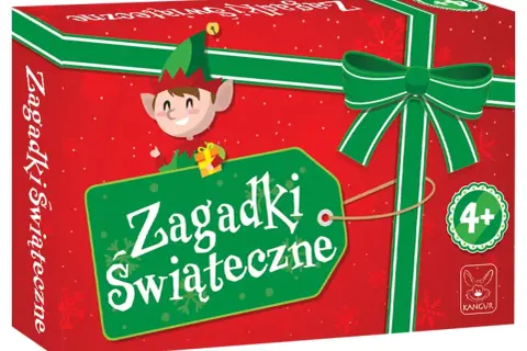 Pudełko z napisem "Zagadki świąteczne" i wesołym elfem. Idealne zagadki świąteczne dla dorosłych, od 4 lat.