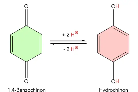 Chemische Reaktion: 1,4-Benzochinon wird zu Hydrochinon. Die hydrochinon wirkung wird durch die Aufnahme von zwei Protonen und zwei Elektronen erklärt.