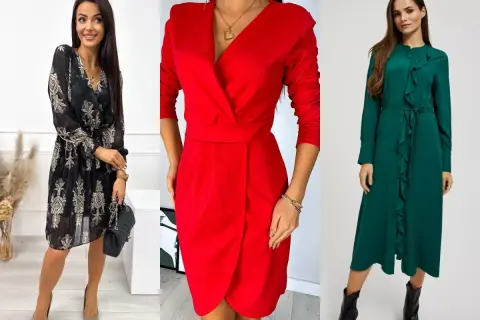 Eleganckie sukienki na wesele w zimie: czarna wzorzysta, czerwona kopertowa i zielona z falbanami.