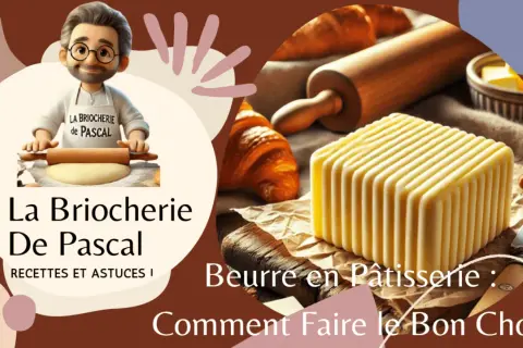 Un chef pâtissier prépare une brioche. À côté, un beau bloc de beurre francais, des croissants et un rouleau à pâtisserie.