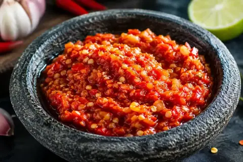 En skål med kryddig yuzu sås, omgiven av vitlök, chili och lime. Perfekt för att ge extra smak till din mat.