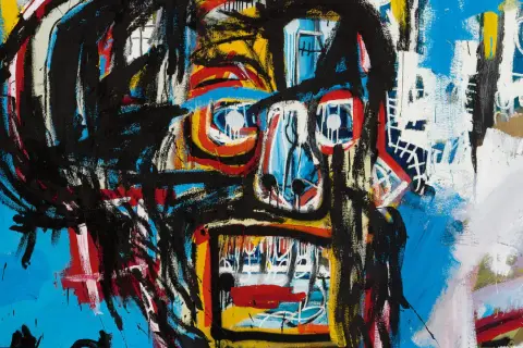 A vibrant, abstract painting featuring a bold, expressive **Basquiat skull** with striking black outlines, vivid colors, and a raw, energetic style.