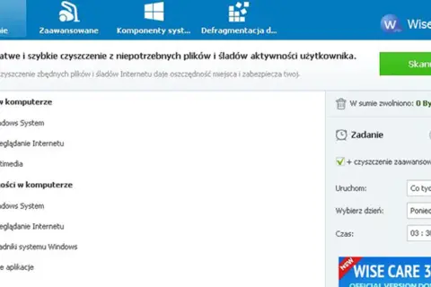 Interfejs programu WiseCleaner do czyszczenia komputera. Widoczne opcje: czyszczenie, zaawansowane, komponenty systemu, defragmentacja. Program oferuje łatwe i szybkie czyszczenie zbędnych plików i śladów aktywności użytkownika.
