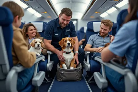Un membre d'équipage aide des passagers avec leurs chiens à bord d'un avion. Un chien est dans un sac de transport, un autre est sur les genoux d'une passagère. Voyage en **air caraïbes chien**.
