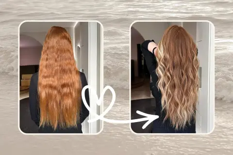 Avant/après : des cheveux roux transformés avec des mèches effet soleil, apportant lumière et mouvement.
