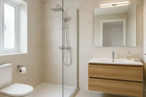 Salle de bain moderne avec douche à l'italienne, meuble vasque en bois, miroir et fenêtre. Idéal pour un remplacement baignoire par douche.