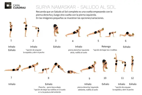 Secuencia de posturas de yoga para el saludo al sol en sánscrito (Surya Namaskar).