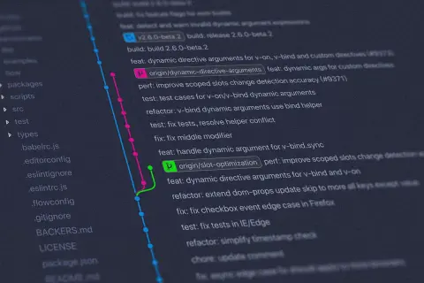 Visualisation d'un historique Git, montrant des branches et des commits. On y voit des fichiers comme `package.json` et des messages de commit, dont un mentionnant `node fs`.