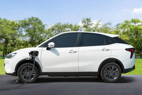 Auto elettrica ibrida bianca in carica, con cavo collegato al lato sinistro. Sfondo di alberi verdi e cielo azzurro.