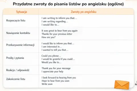 Tabela z przydatnymi zwrotami do pisania maili po angielsku, podzielona na sytuacje i angielskie frazy.