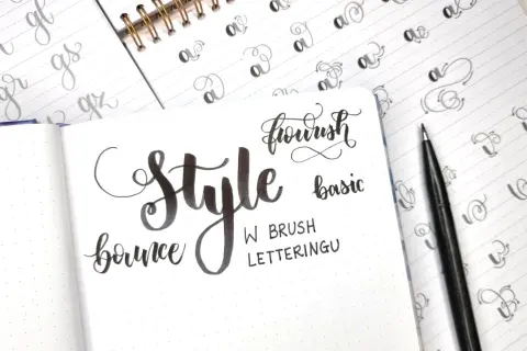 Ćwiczenia kaligraficzne: "Style", "bounce", "flourish", "basic" i litery w różnych wariantach kroju pisma.