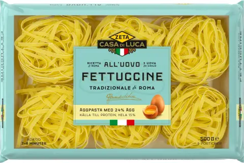 Zeta Casa di Luca Fettuccine, ett klassiskt fettuccine recept med 24% ägg. Perfekt för en proteinrik måltid.