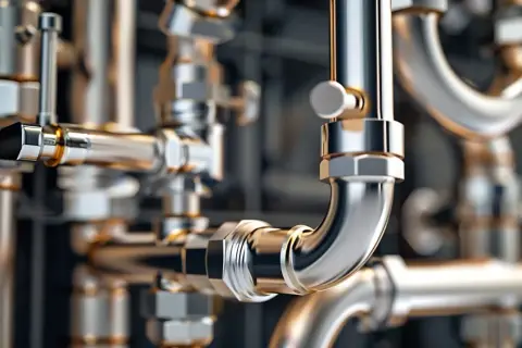 Błyszczące, metalowe rury i złączki, tworzące skomplikowaną sieć. Widoczne są detale łączenie rur pex, sugerujące instalację hydrauliczną.