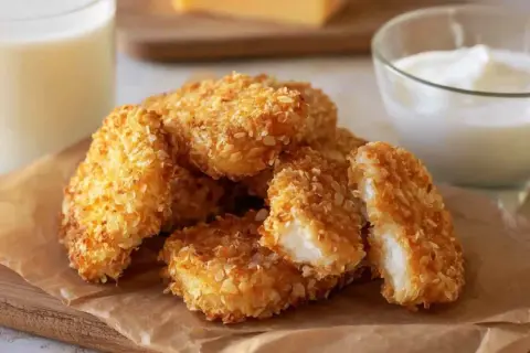 Chrupiący kurczak w panko, idealny do maczania w sosie. Obok szklanka mleka i miseczka jogurtu.