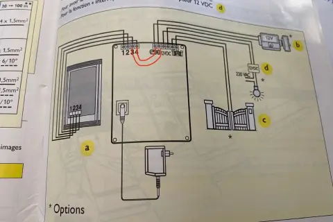 Schéma de branchement d'un visiophone Extel 2 fils : platine, alimentation 12VDC, portail et lumière.