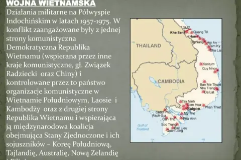 Wojna w Wietnamie prezentacja: mapa Indochin z zaznaczonymi miastami i granicami, opisująca konflikt z lat 1957-1975.