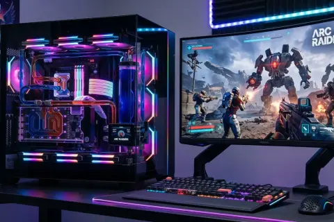 Gamingowy PC z podświetleniem RGB, na monitorze gra "Arc Raiders". Taki sprzęt z pewnością spełni wymagania "Arc Raiders".