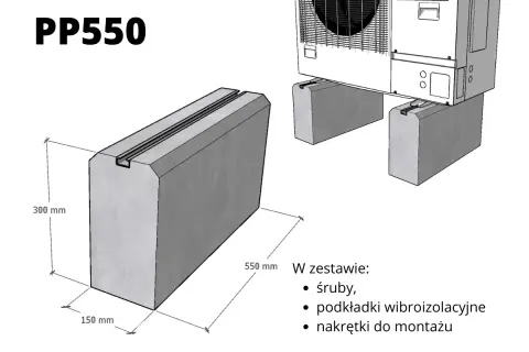 Solidny fundament pod pompę ciepła PP550, wymiary 550x150x300 mm, z rowkiem do montażu. W zestawie śruby, podkładki i nakrętki.
