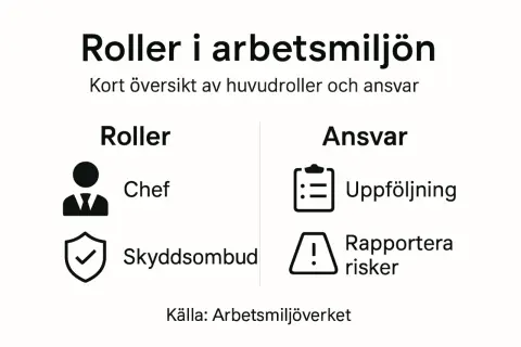 Översikt av roller i arbetsmiljön: Chef och skyddsombud. Kan en chef vara skyddsombud? Ja, bilden visar att båda rollerna finns.