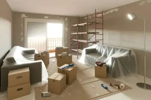 Salón en obras, muebles cubiertos, cajas y andamio. Preparando la indemnización por obras en piso de alquiler.