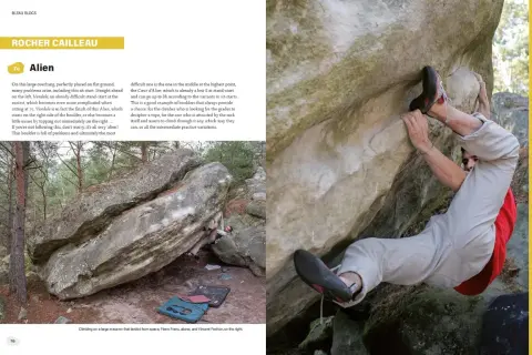 Wspinacz wykonuje trudny ruch na skale w Fontainebleau. Fontainbleau bouldering to wyzwanie dla każdego miłośnika wspinaczki.