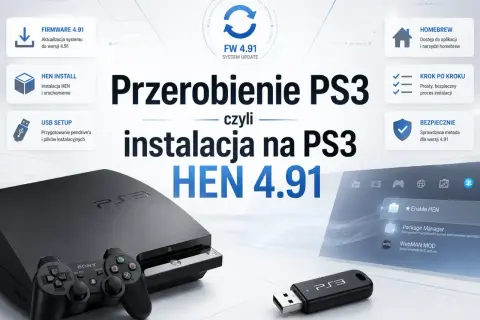 Przerobienie PS3 na wersję 4.91 z homebrew. Konsola, pad, pendrive i ekran z opcjami instalacji.