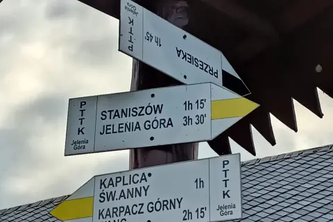 Droga do Kaplicy Św. Anny w Karpaczu Górnym. Znaki PTTK wskazują trasę na Przesiekę, Staniszów i Jeleniej Górę.