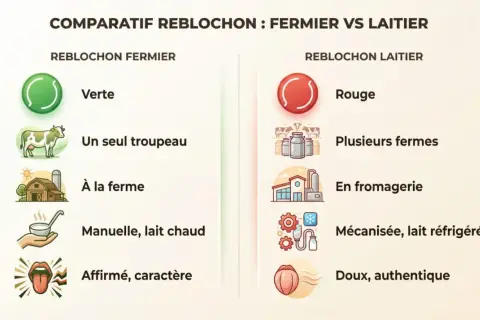 Comparatif visuel du reblochon fermier (vert, lait cru, à la ferme) et laitier (rouge, lait pasteurisé, en fromagerie).