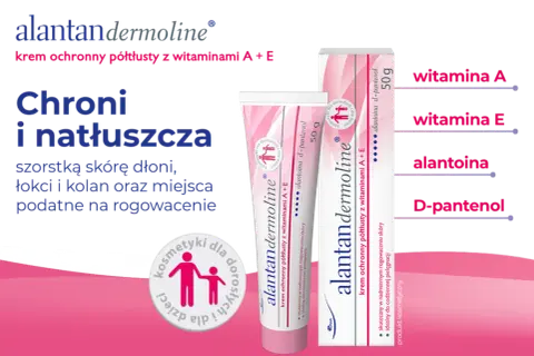 Krem Alantan Dermoline z alantoiną, witaminami A+E chroni i natłuszcza szorstką skórę, idealny do codziennej pielęgnacji.