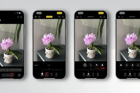 Cztery ekrany telefonu pokazujące edycję zdjęcia kwiatów w trybie portretowym. Fotografia mobilna w akcji.