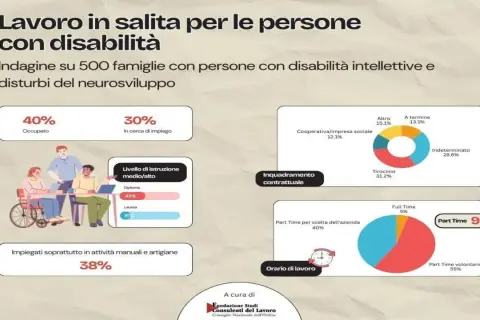 Lavoro e invalidità civile: il 40% è occupato, il 30% cerca impiego. Il part time volontario è al 55%, con il 95% che sceglie questa modalità.